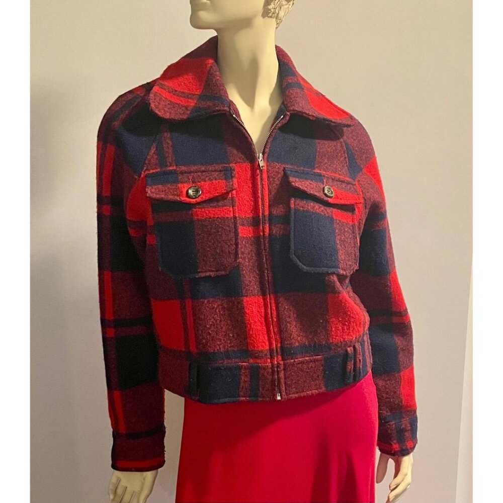 Plaid Wool Jacket, Size S, Red and Navy Short Jacket, Winter Coat
